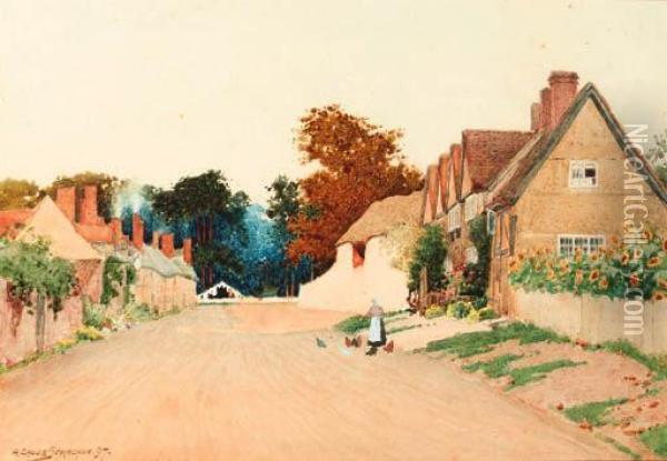 Feeding Chickens On A Country Lane Oil Painting - Arthur Claude Strachan