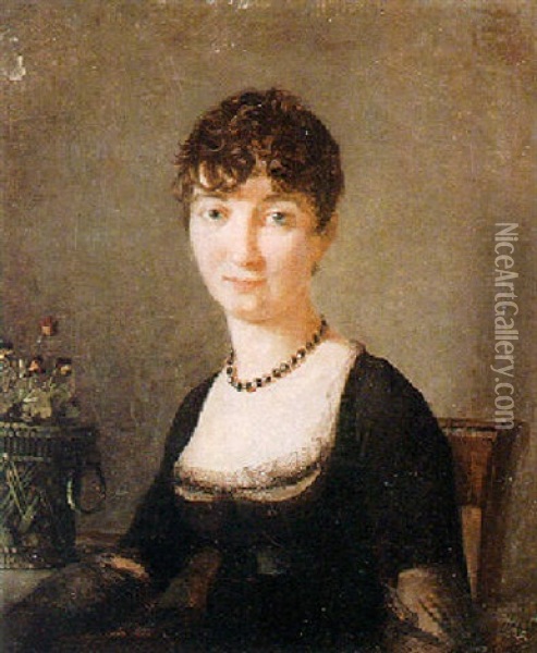 Portrait Of A Woman, Seated Beside A Basket Of Violets, Wearing A Black Dress Oil Painting - Francois Jean (Jean Francois) Sablet