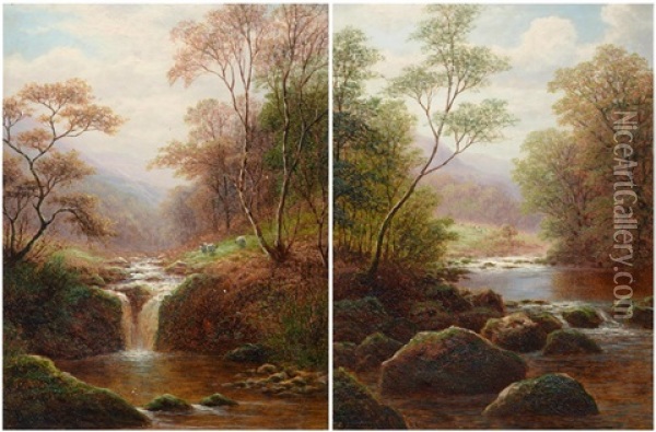 On The Esk, Glaisdale And View Near Rydal, Westmoreland (2 Works) Oil Painting - William Mellor