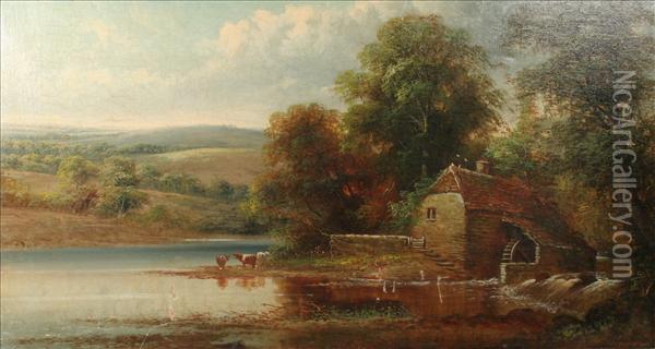 Cattle On Theriver Beside A Watermill Oil Painting - George Harris