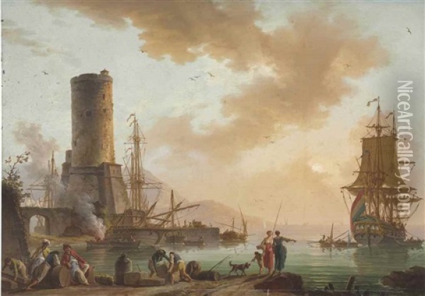 A Mediterranean Port With A Fortified Tower And An Anchored Ship, Ladies And Merchants In The Foreground Oil Painting - Charles Francois Lacroix