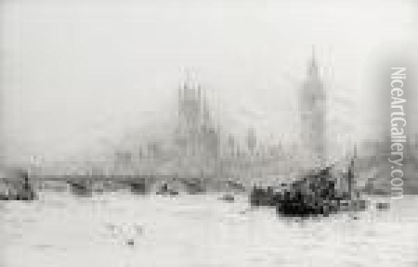 Westminster And Big Ben From The Thames Oil Painting - William Lionel Wyllie