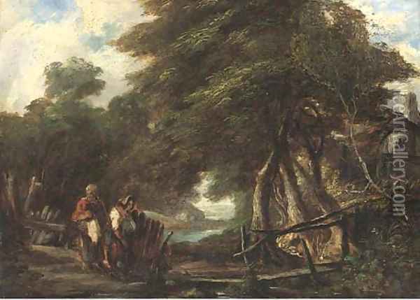 Figures by a stream in a wooded landscape Oil Painting - English School