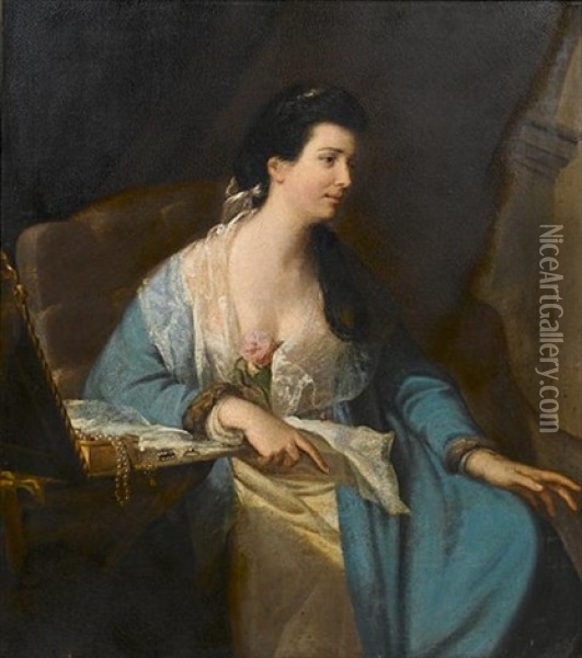 Portrait Of A Lady, Three-quarter-length, In A Blue Dress With A White Lace Shawl Held With A Pink Rose, Seated At Her Dressing Table Oil Painting - Francis Cotes