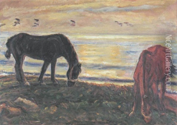 Grasende Pferde Oil Painting - Ludwig Julius Christian Dettmann