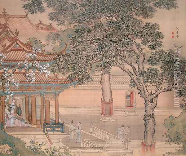 Building with figures from an album of Figures, Landscape and Architecture, 1740 Oil Painting - Yuan Yao