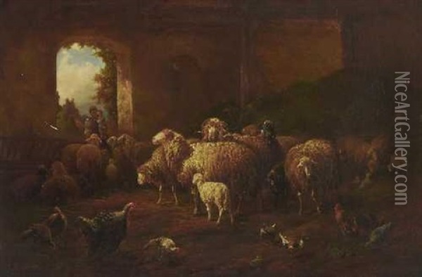 Schafe Und Federvieh Im Stall Oil Painting - Louis (Ludwig) Reinhardt