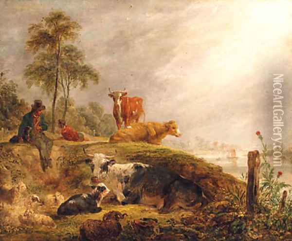 Herdsmen With Cattle And Sheep Resting By A River Oil Painting - James Ward