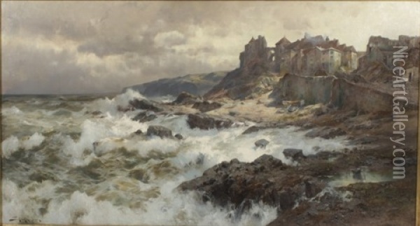 Medieval City On Stormy Coast Oil Painting - Jacques Matthias Schenker
