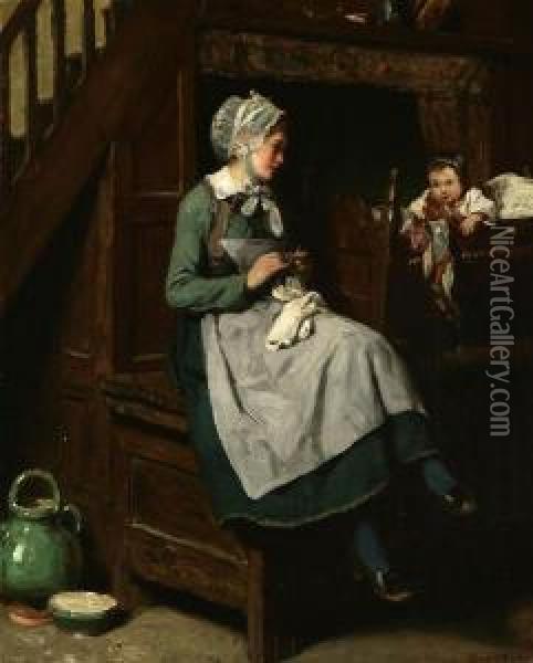 Woman Knitting Near Oil Painting - Henry Mosler