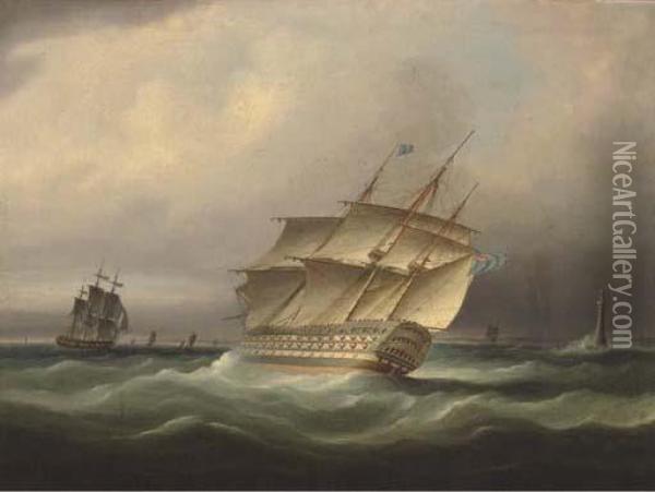 H.m.s. Britannia Bearing Away Down The Channel And Passing Theeddystone Lighthouse Oil Painting - Thomas Buttersworth