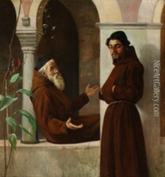 An Older Monk Teaching A Younger One Oil Painting - Otto Haslund