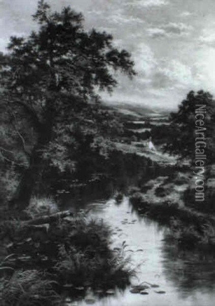 Wooded River Landscape With Boy Fishing Oil Painting - Edgar Longstaffe