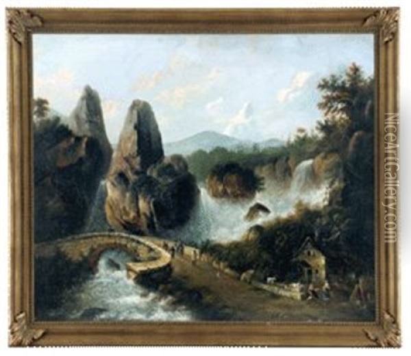 Felslandschaft Mit Wasserfall, Brucke Und Reisenden Oil Painting - Franz Schuetz
