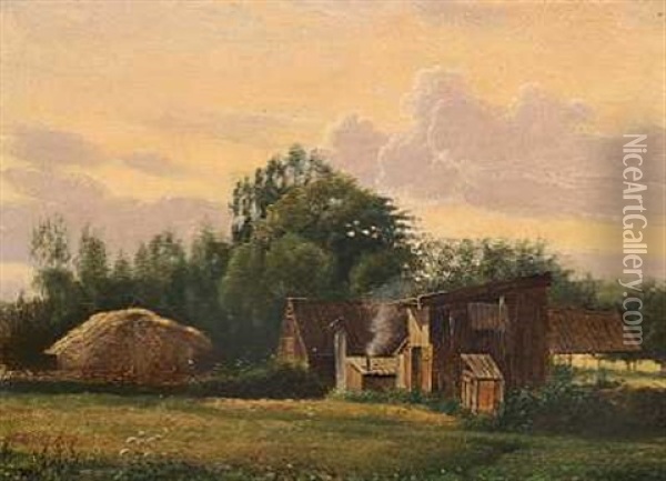 Aftenlandskab Med Stald Og Skure I Udkanten Af En Skov Oil Painting - Vilhelm Peter Karl Kyhn