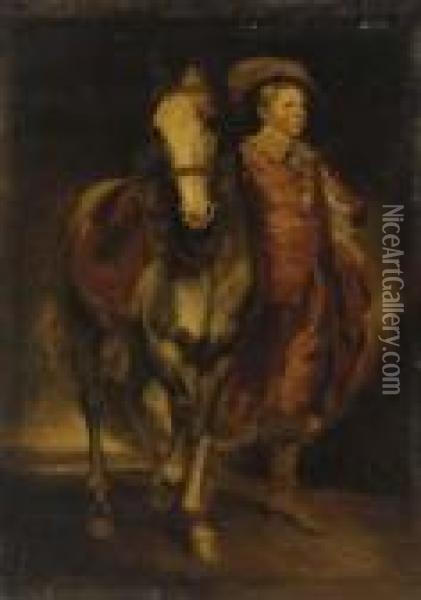Portrait Of A Boy, Full-length, In Van Dyck Costume, Holding A Horse Oil Painting - Sir Joshua Reynolds