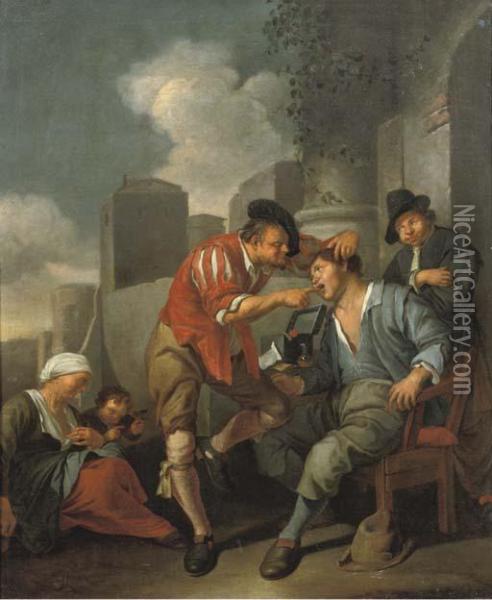 A Dentist At Work Outside An Archway Oil Painting - Jacob Van Toorenvliet