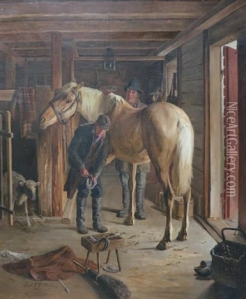 Le Marechal-ferrant Dans L'ecurie Oil Painting - Gustaf Ericson Fischer