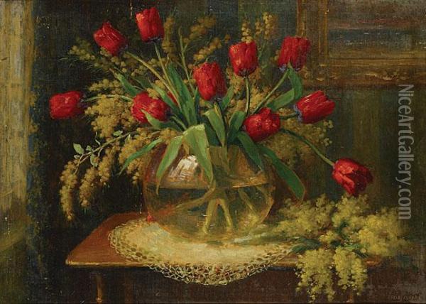 Nature Morte Aux Tulipes Rouges Oil Painting - Henri Kokken