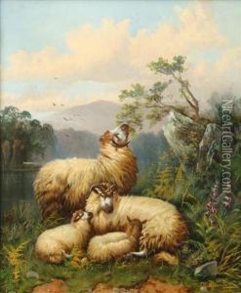 Sheep Resting In Ariver Landscape Oil Painting - John Morris