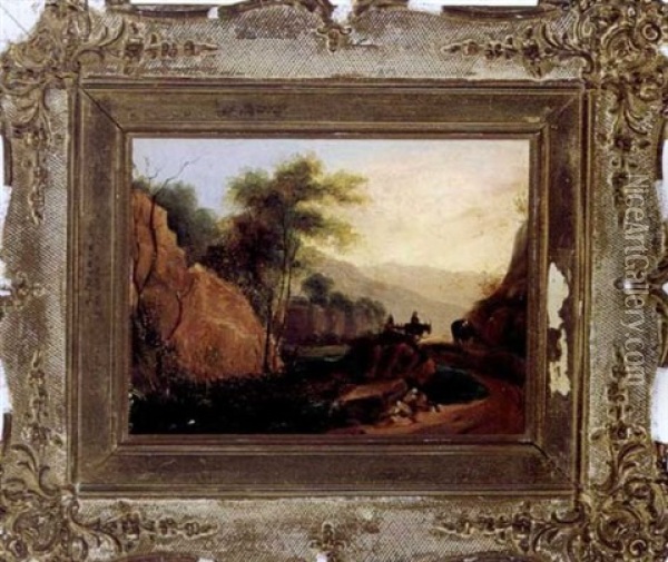 Pack Horses And Figures On A Trail By A River Through The Mountains Oil Painting - James Arthur O'Connor