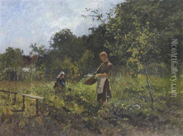 Zwei Bauernmadchen Im Gemusegarten Oil Painting - Richard Von Poschinger