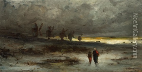 Walk Along The Coast At Sunset Oil Painting - Karl Pierre Daubigny