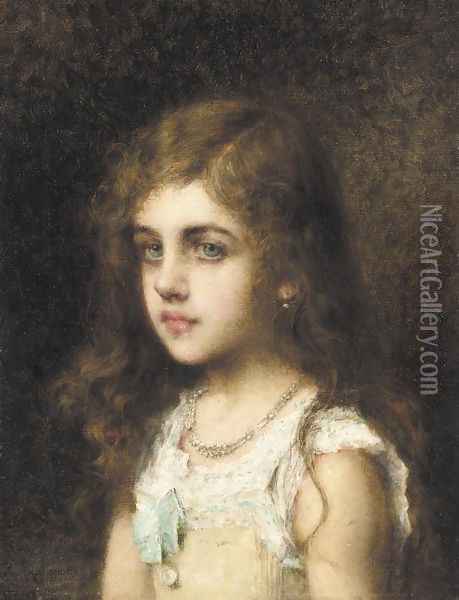 Young Girl With A Turquoise Bow Oil Painting - Alexei Alexeivich Harlamoff