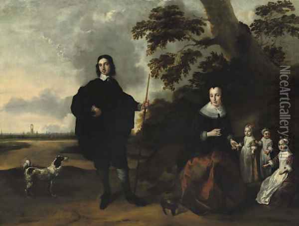 A group portrait of the Van Kuyl family with Utrecht in the background Oil Painting - Bernardus Swaerdecroon