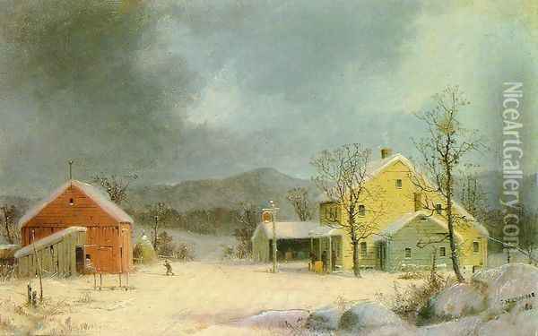 Yellow Farmhouse in Winter Oil Painting - George Henry Durrie