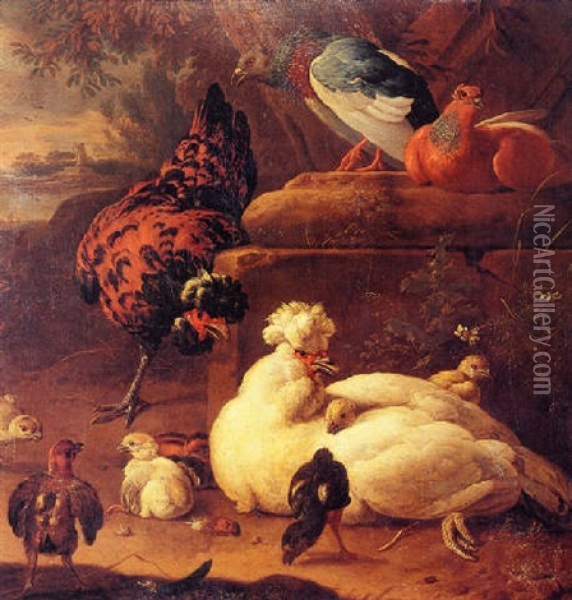 Poultry In A Landscape With Ruins, A River Beyond Oil Painting - Melchior de Hondecoeter