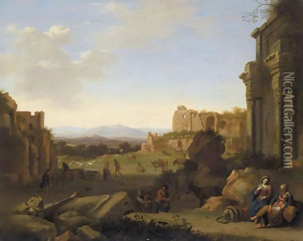 Italianate Landscape With The Rest On The Flight Into Egypt Oil Painting - Cornelis Van Poelenburgh