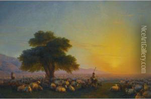 Shepherds With Their Flock At Sunset Oil Painting - Ivan Konstantinovich Aivazovsky