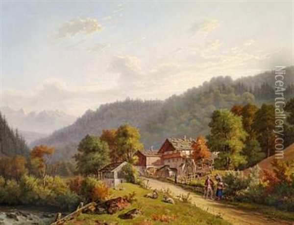 Autumn Day In Bavaria, Near Berchtesgaden. Afternoon Light Oil Painting - Jens Peter (I.P.) Moeller