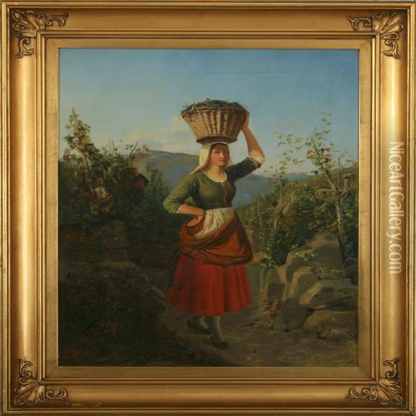 From An Orchard With Italian Woman Carrying Grapes In A Basket Oil Painting - Jeppe Jorgen Sonne