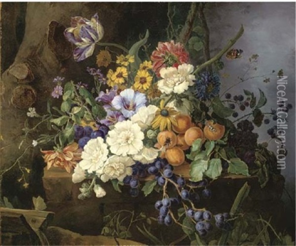 Carnations, Convolvulus And Other Flowers, With Grapes, Apricots, Plums And Blackberries On A Stone Ledge Oil Painting - Franz Xaver Gruber