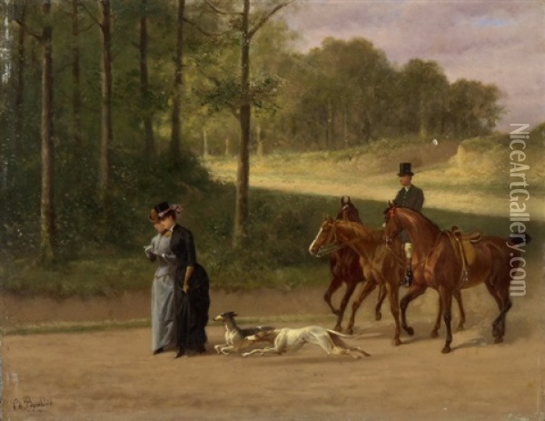 Ausflug Mit Pferden Und Hunden Oil Painting - Louis Charles Bombled