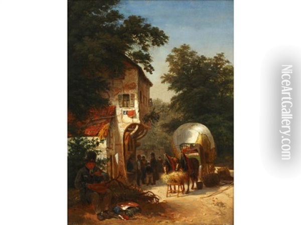 Travellers And A Haycart Outside An Inn Oil Painting - Eduard Gustav Seydel