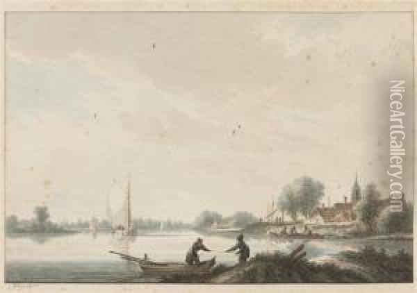 River Landscape With Village And Fishing Boats Oil Painting - Nicolaes Wicart