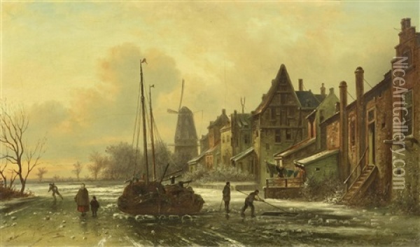 Winterliche Kanallandschaft Am Rande Einer Hollandischen Kleinstadt Oil Painting - Elias Pieter van Bommel