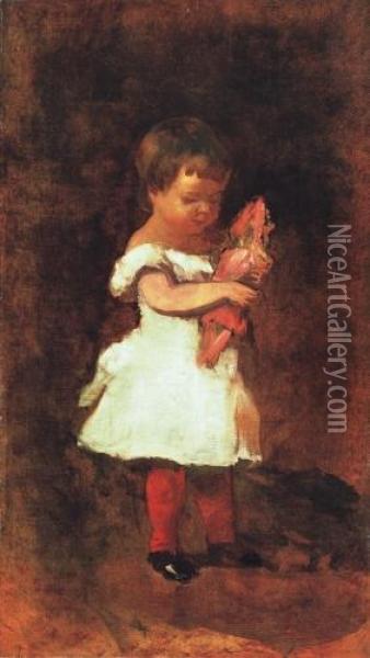 Girl With Doll Oil Painting - Bela Pallik