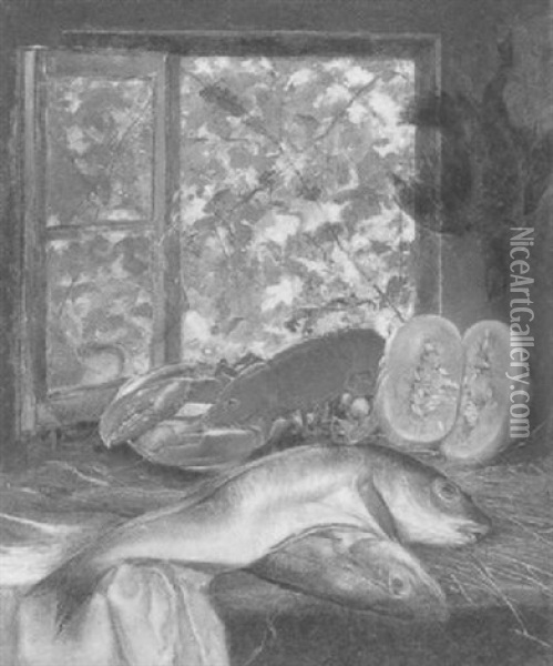 Stilleben Mit Fischen, Hummer Und Melone Oil Painting - Alexander von Wagner