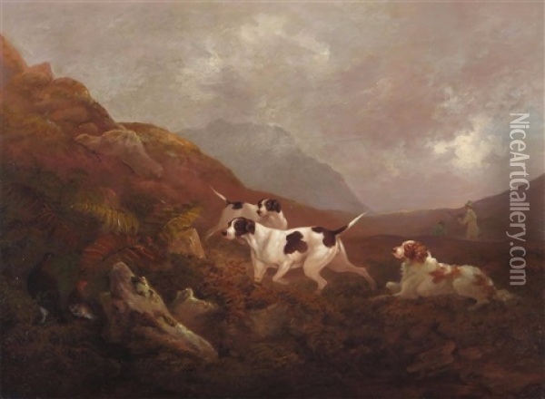 Pointers And Spaniel In A Moorland Landscape Oil Painting - Charles Henry Schwanfelder