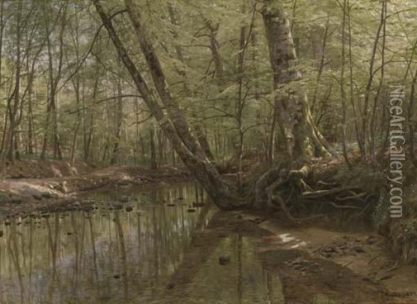Skovlandskab Med Flod (forest Landscape With River) Oil Painting - Peder Mork Monsted