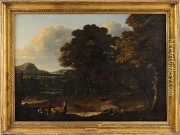 An Extensive Classical Landscape, Figures And Cattle At The Edge Of A Wood In The Foreground With A Distant View With A River And Town Beyond Oil Painting - Jan Looten