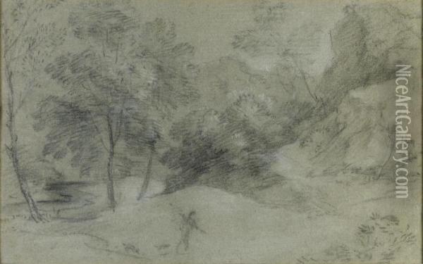 Hilly Wooded Landscape With Figure And Stream Oil Painting - Thomas Gainsborough