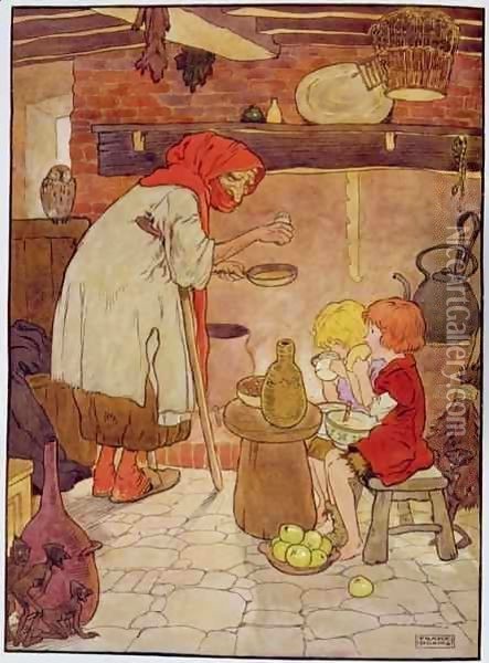 Hansel and Gretel are fed by the Witch Oil Painting - Frank Adams