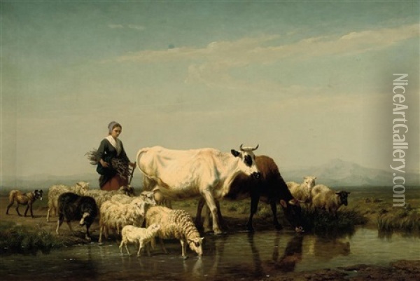 A Herder Watering Her Livestock Oil Painting - Edmond Tschaggeny
