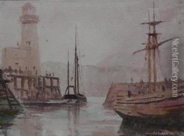 Harbour And Lighthouse Scarborough Oil Painting - John Louis Petit