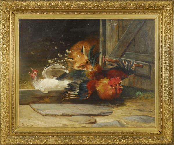 A Fox Invades A Henhouse Oil Painting - Adolf Henrik Mackeprang